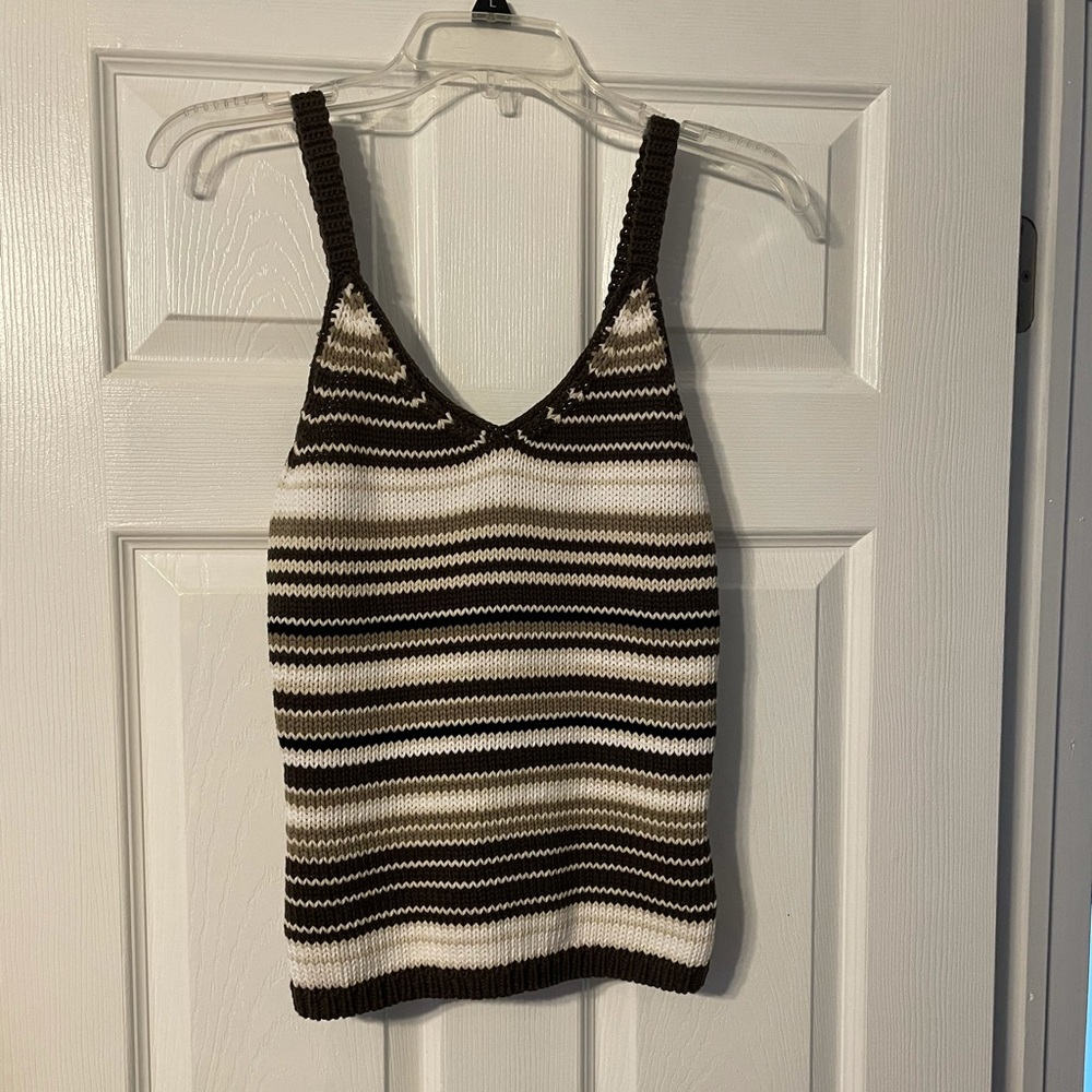 GAP Brown and White Striped Crochet Tank Top